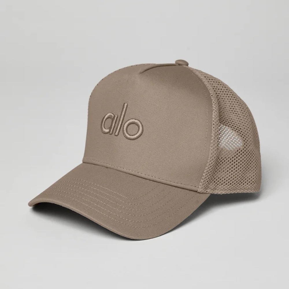 ALO Yoga District Trucker Hat Gravel Beige Mesh Back